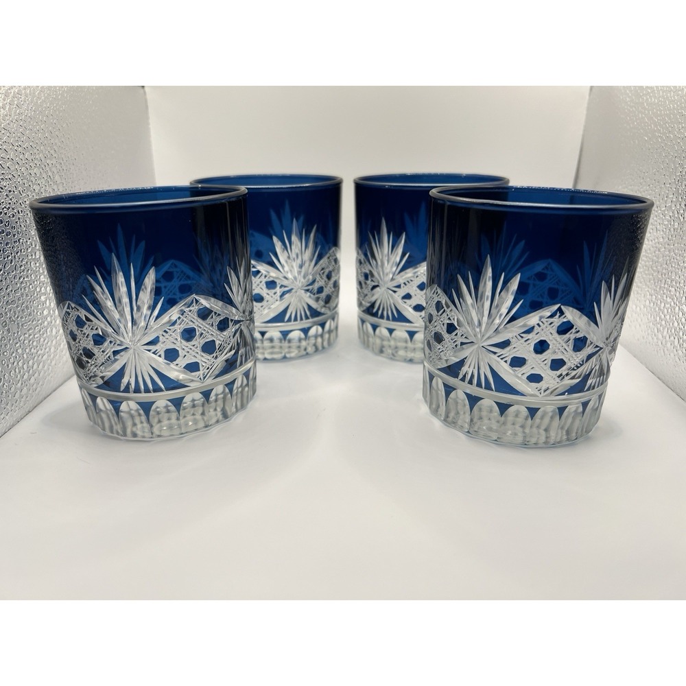 Rare Pottery Barn BLUE Antique Cut to Clear Double Old Fashioned Glasses